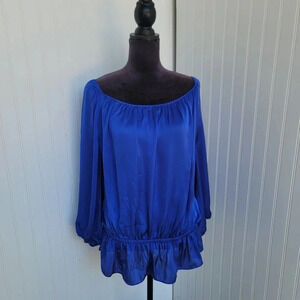 Preston & York Womens Shirt Blouse Blue Shimmery Satin Shirred Long Sleeves XL